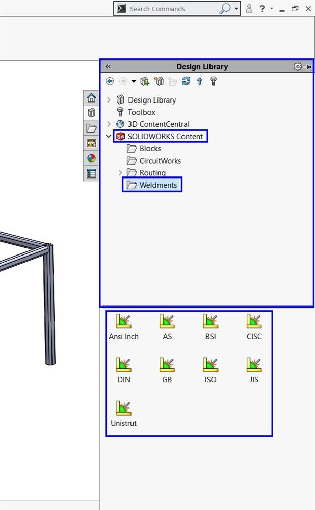 نحوه ورود به Design Library جهت افزودن سازه های صنعتی بیشتر به تب Weldment در سالیدورک